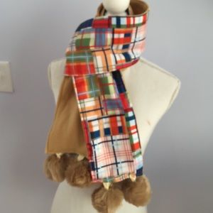 Preppy Camel Madras Fleece Pompom Scarf
